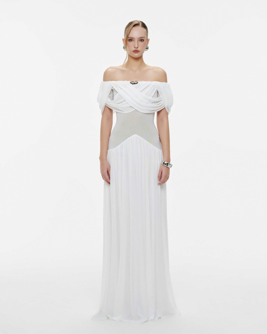 White Off-Shoulder Draped Flared Dress