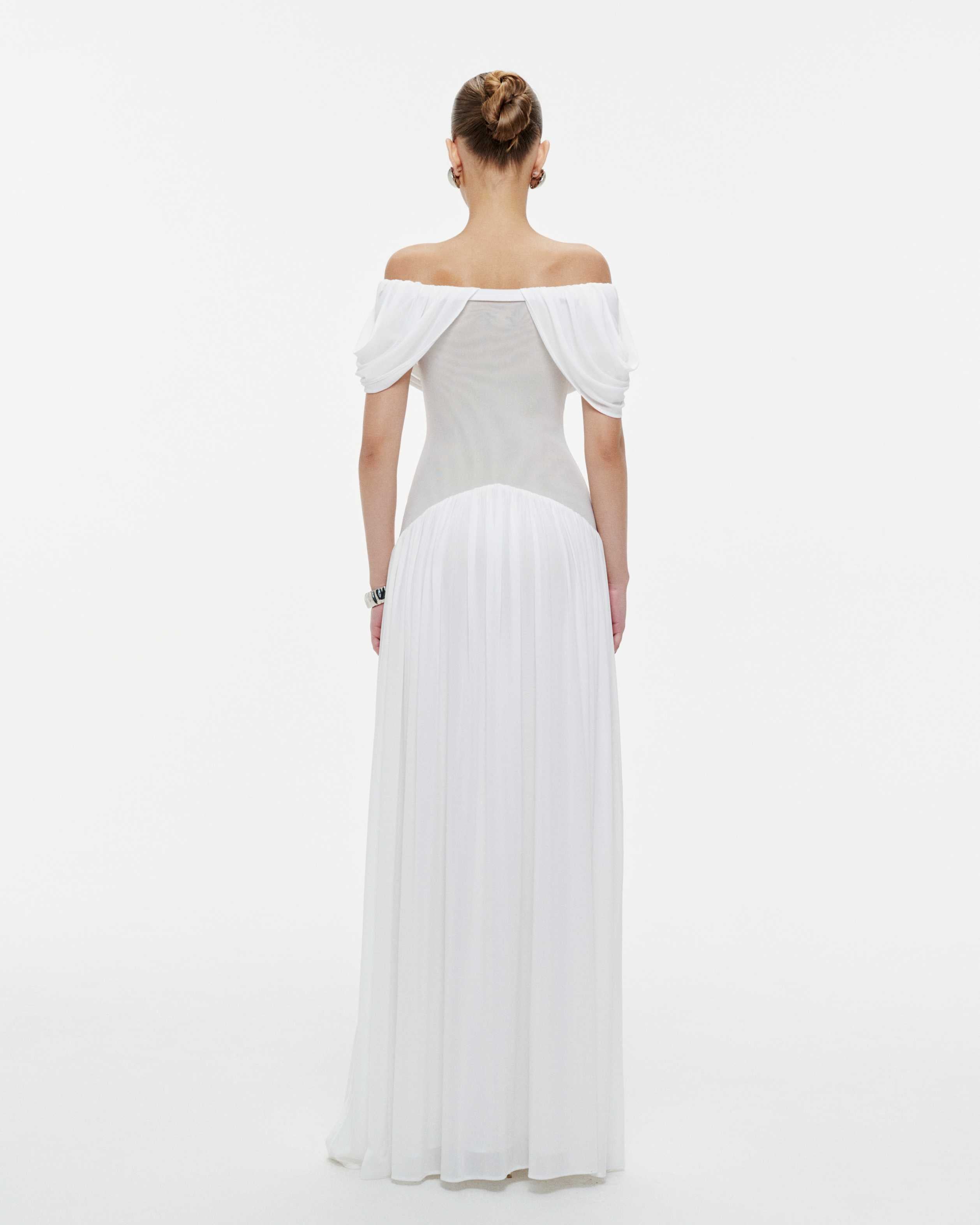 White Off-Shoulder Draped Flared Dress
