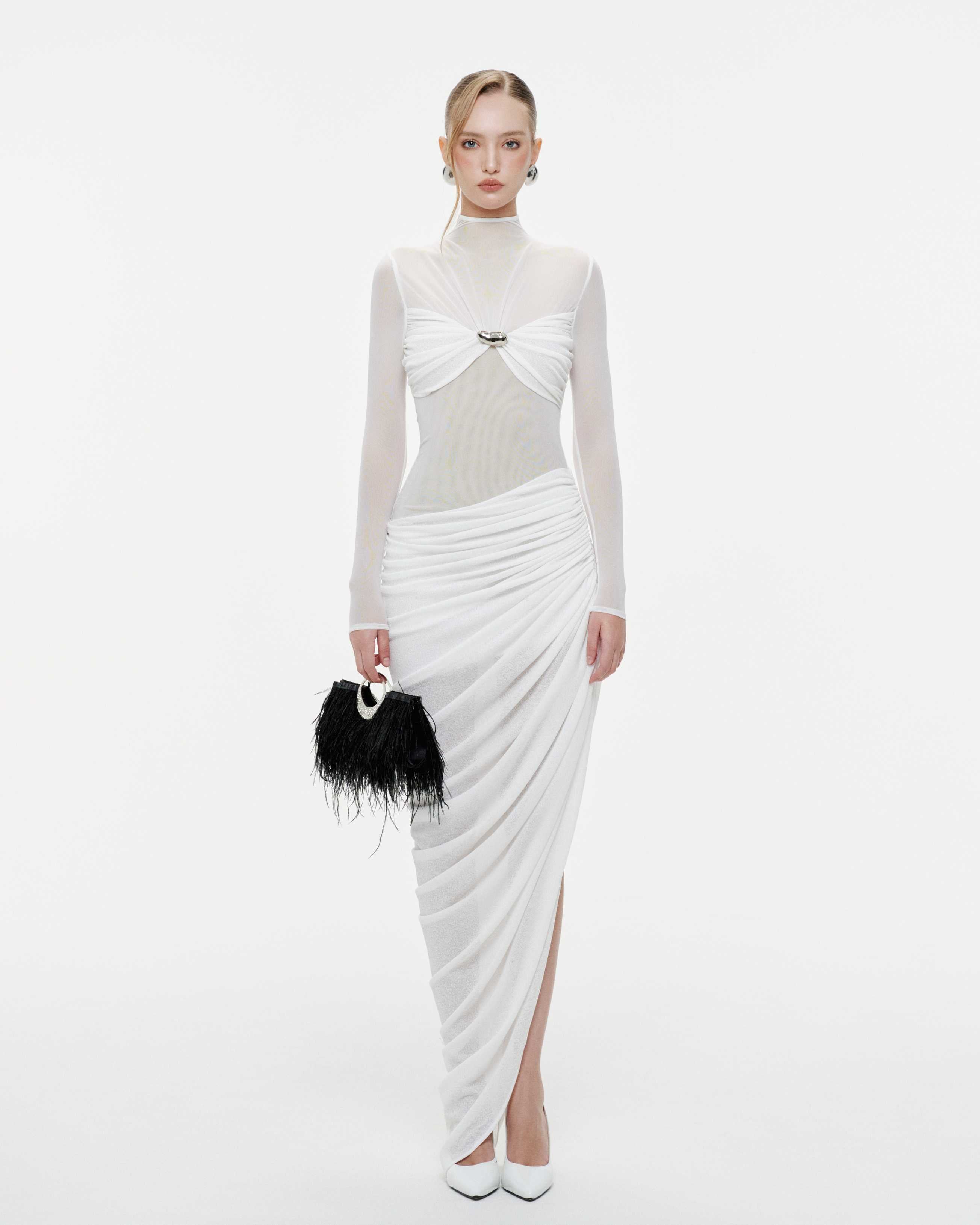 Long-Sleeve Ruched Bust Asymmetric Dress