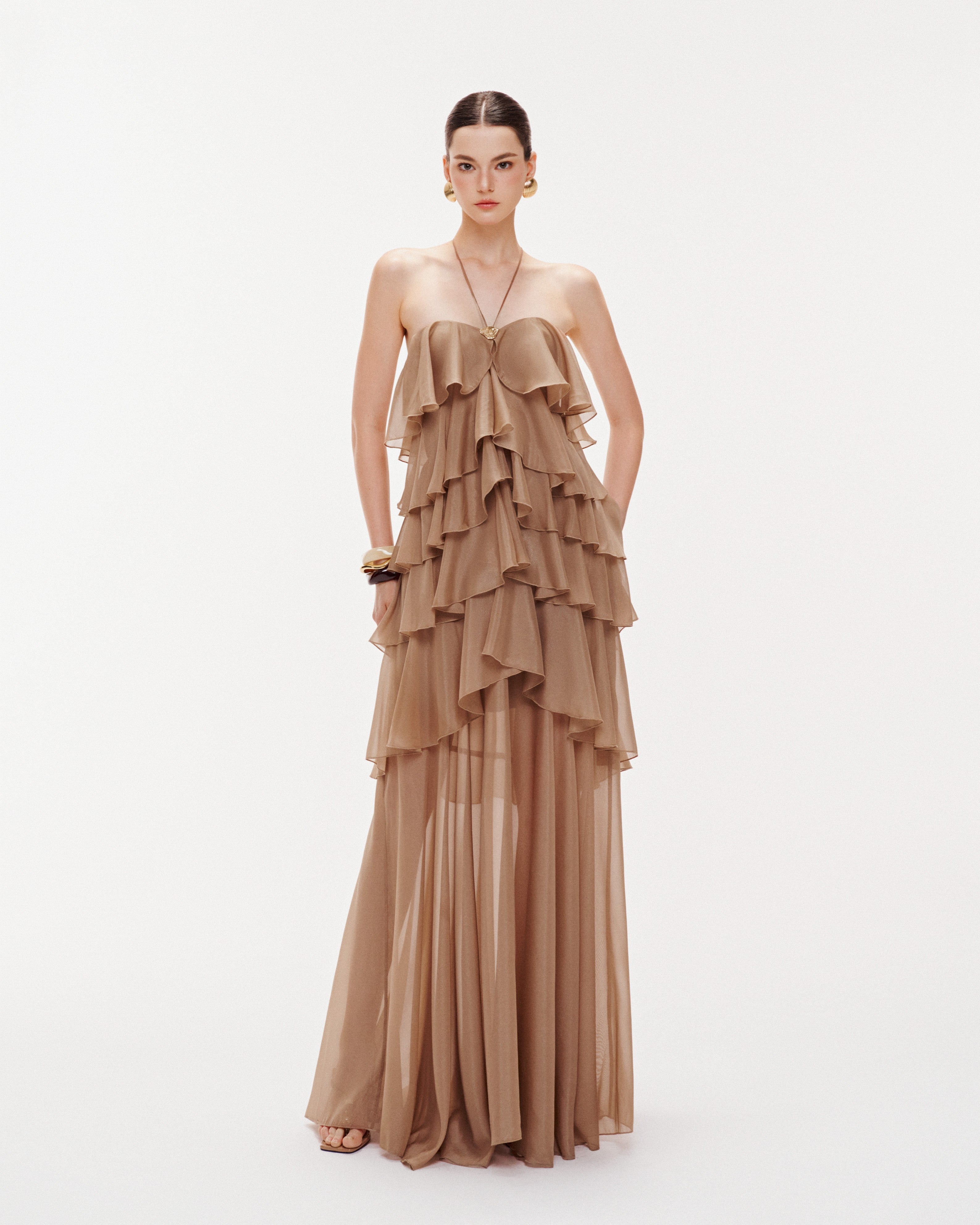 Brown 6-Tiered Maxi Dress S Brown 6-Tiered Maxi Dress S