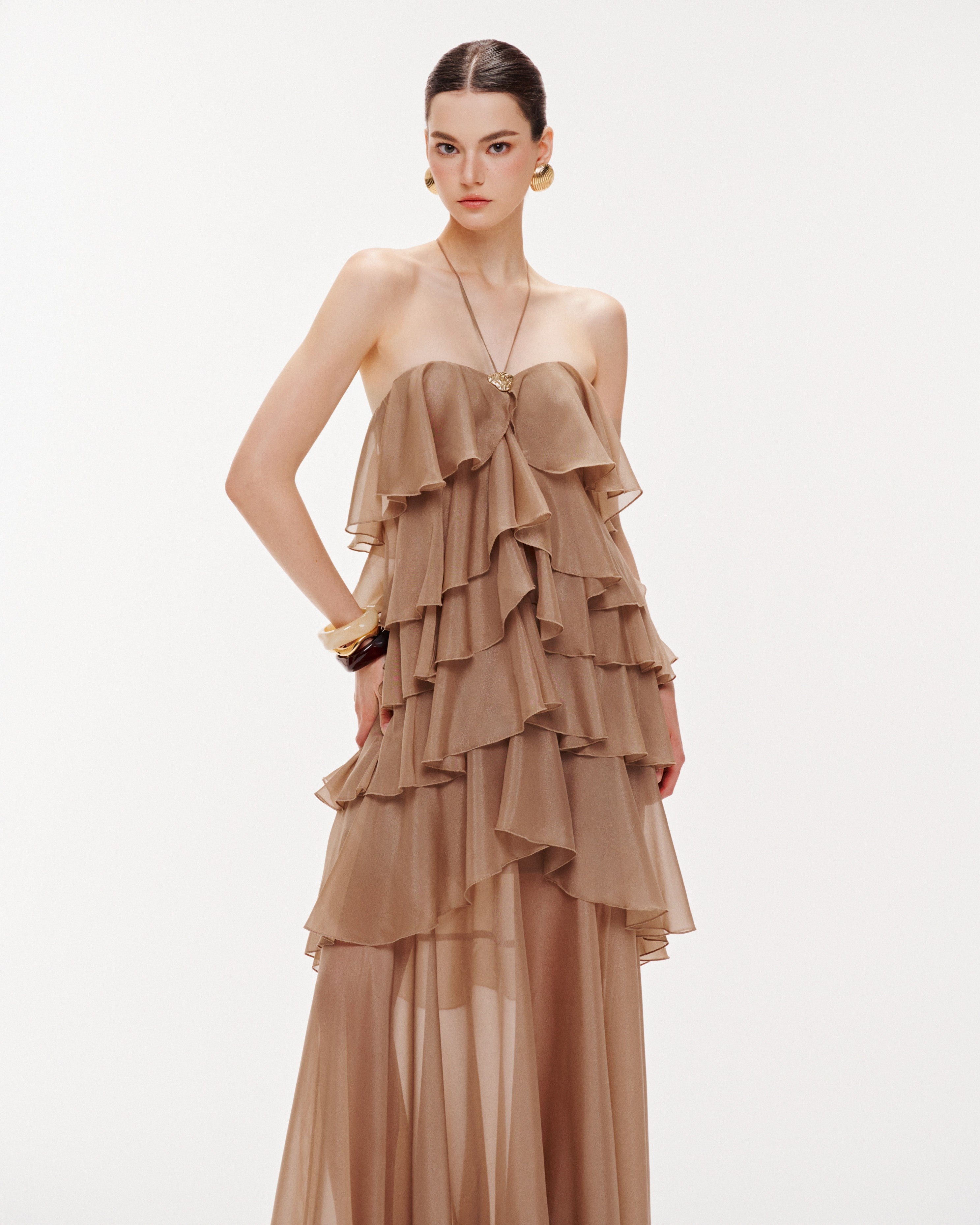 Brown 6-Tiered Maxi Dress