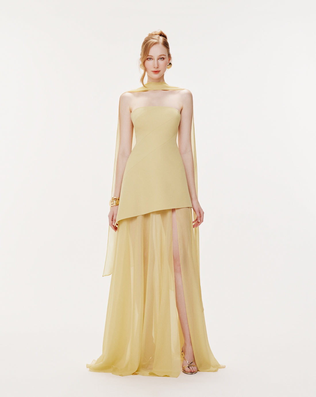 Yellow Strapless Organza Train Dress
