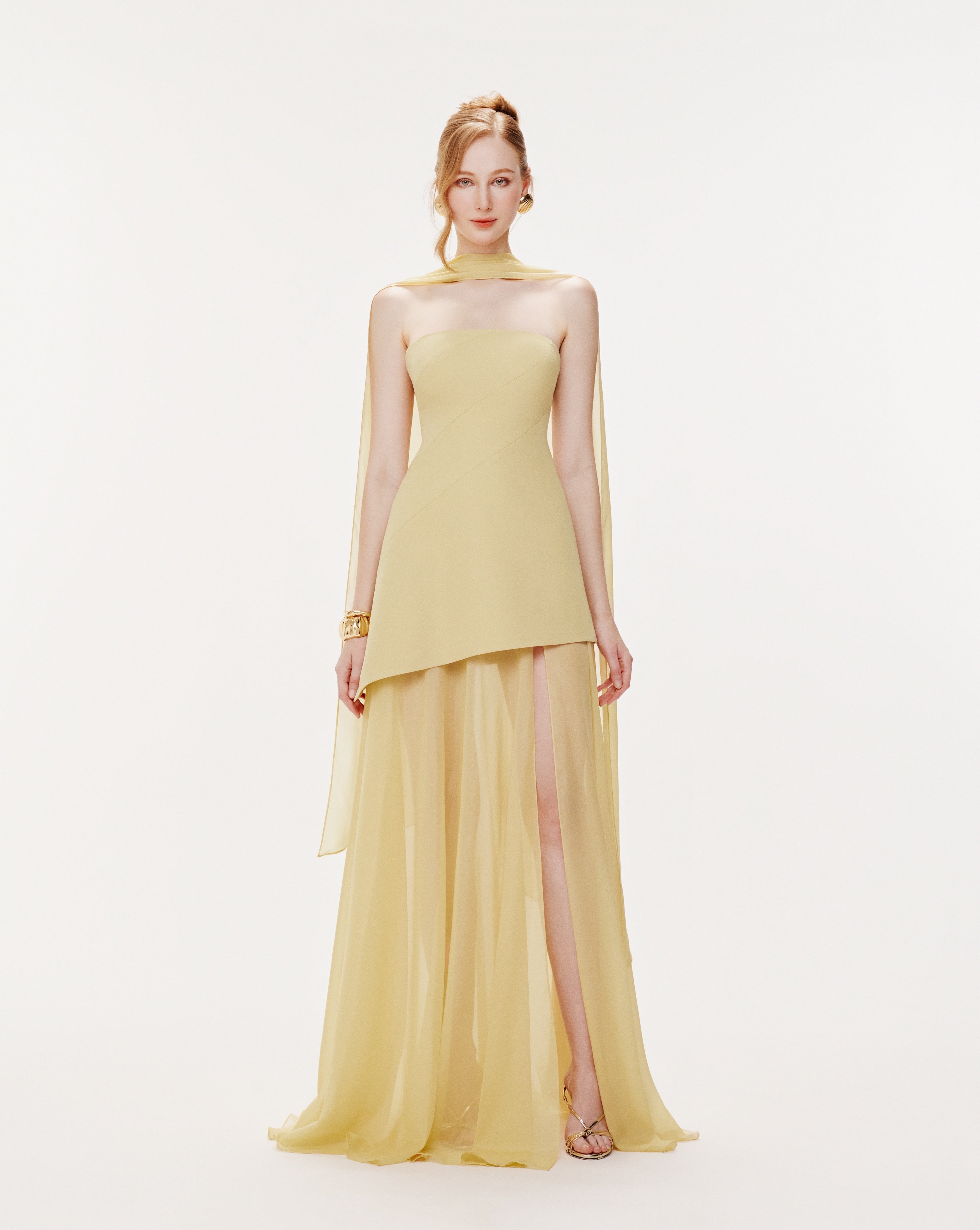 Yellow Strapless Organza Train Dress