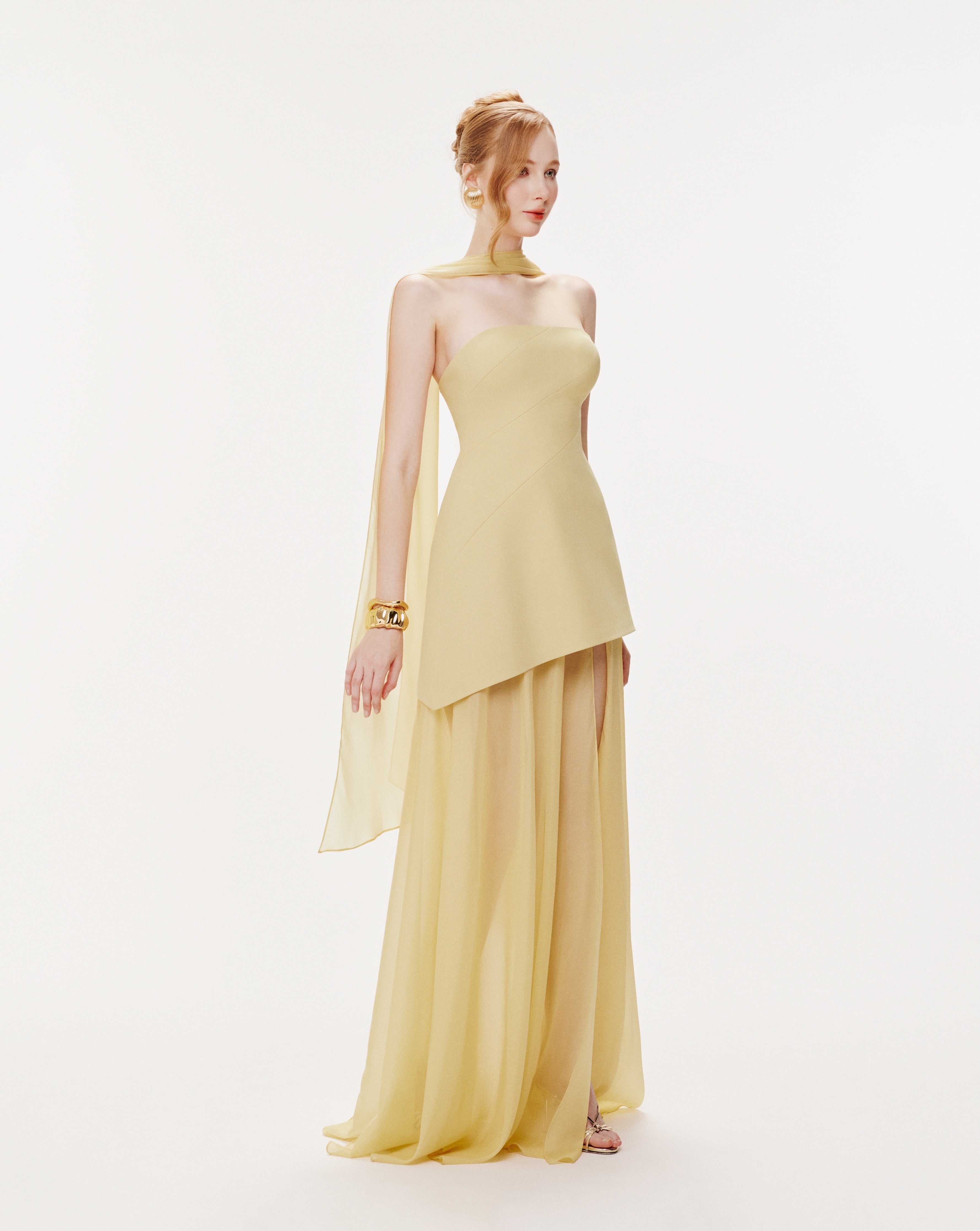 Yellow Strapless Organza Train Dress