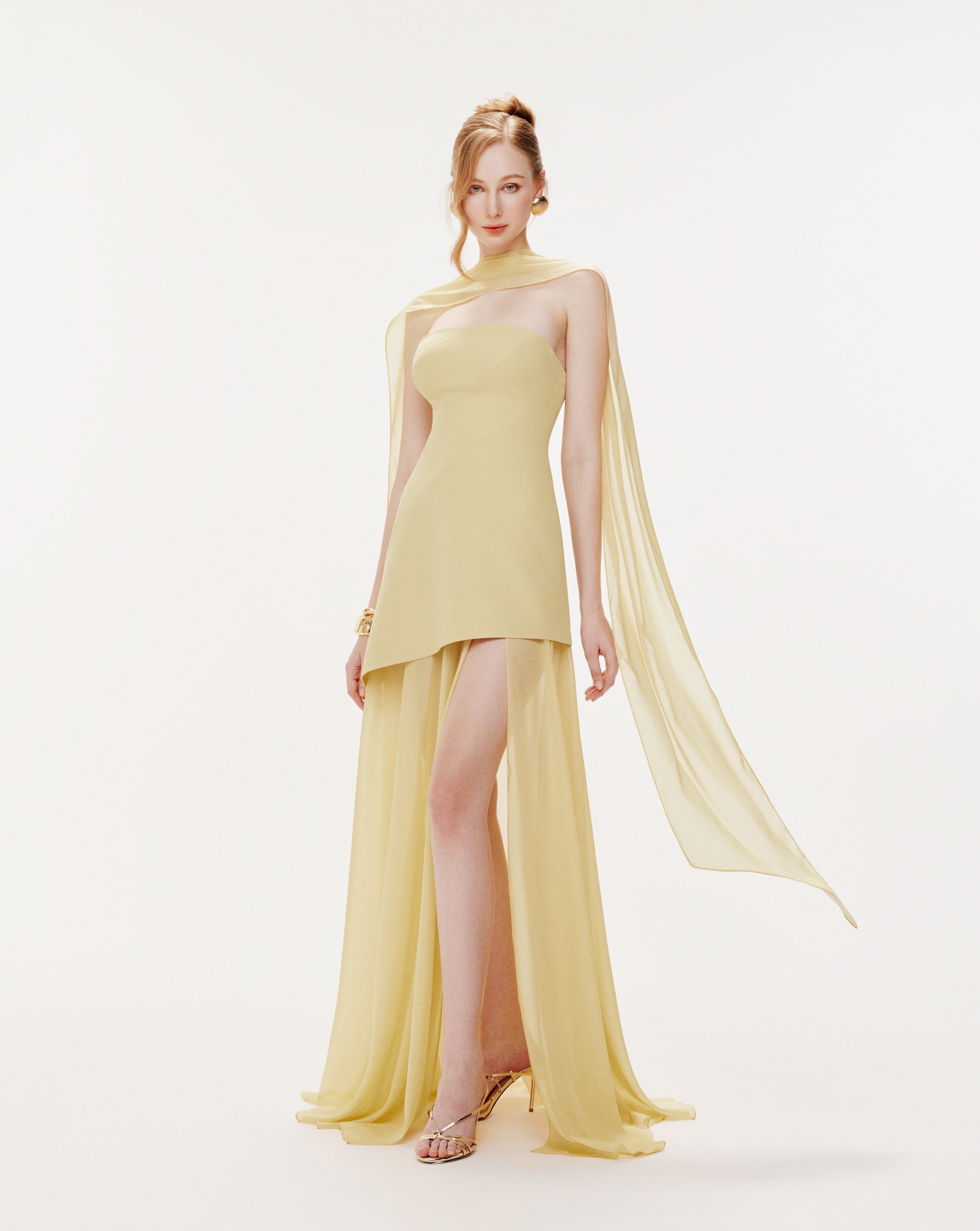Yellow Strapless Organza Train Dress