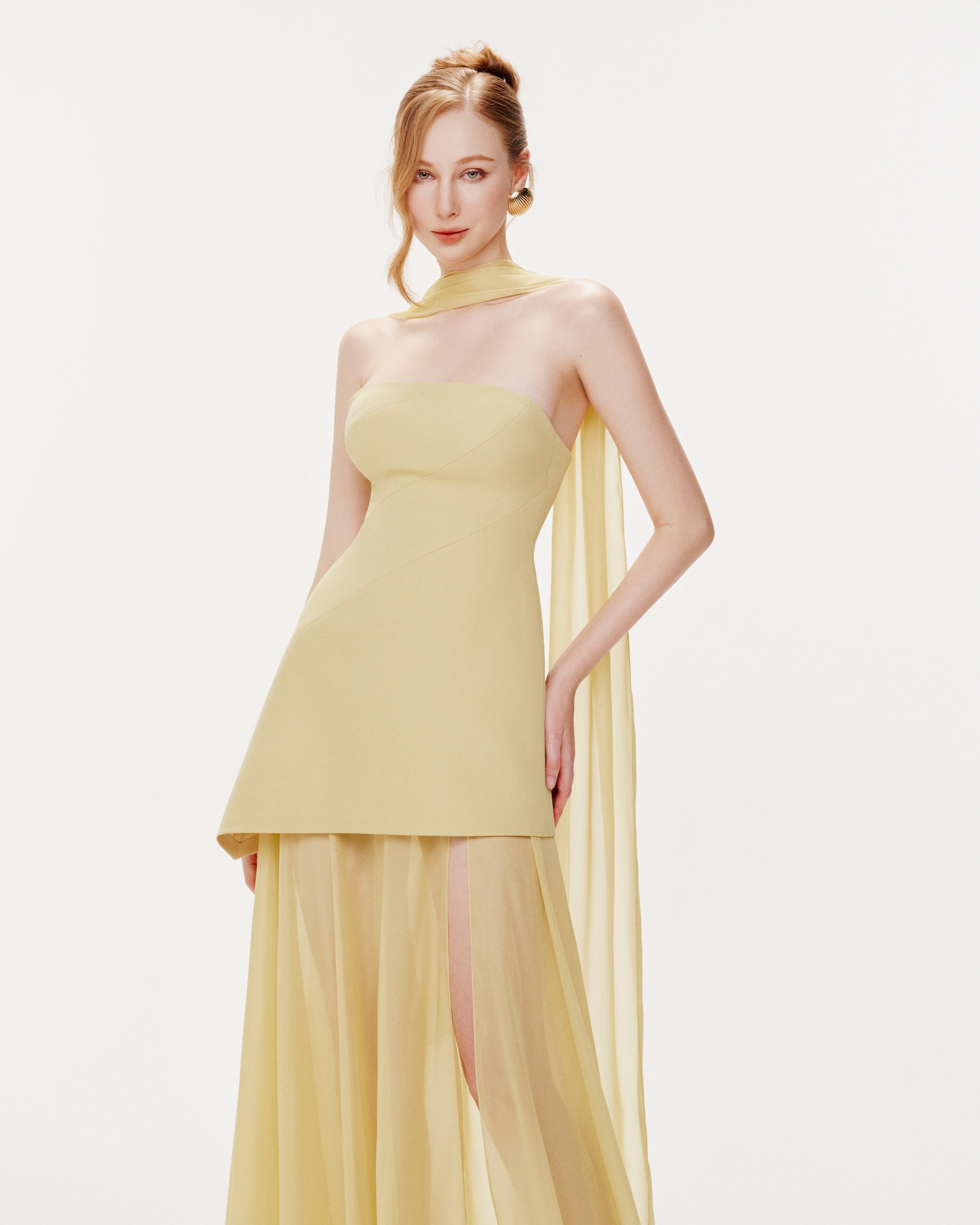 Yellow Strapless Organza Train Dress MOLLYNISTA Yellow Strapless Organza Train Dress MOLLYNISTA