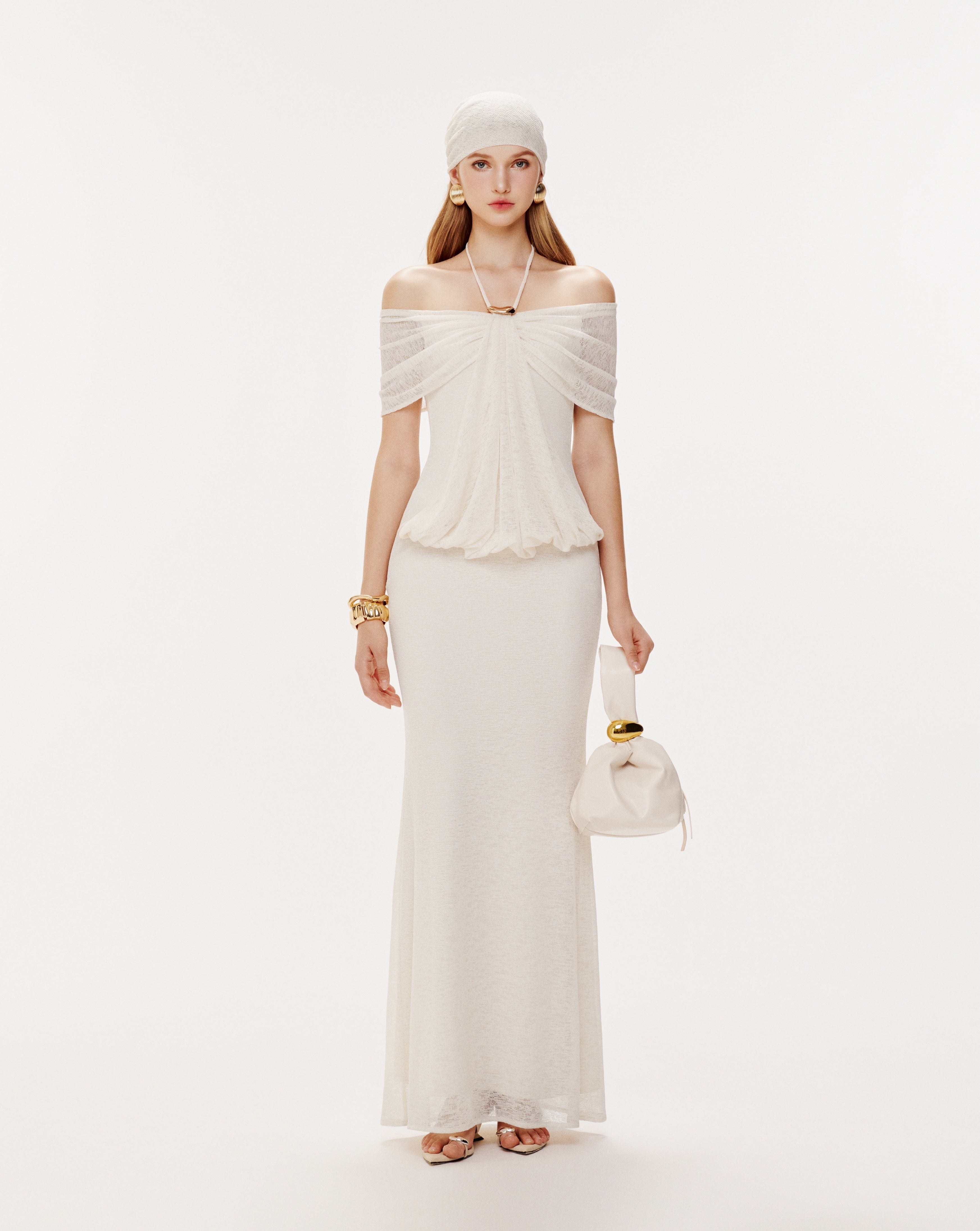 Stretch Mesh Off-Shoulder Midi Dress