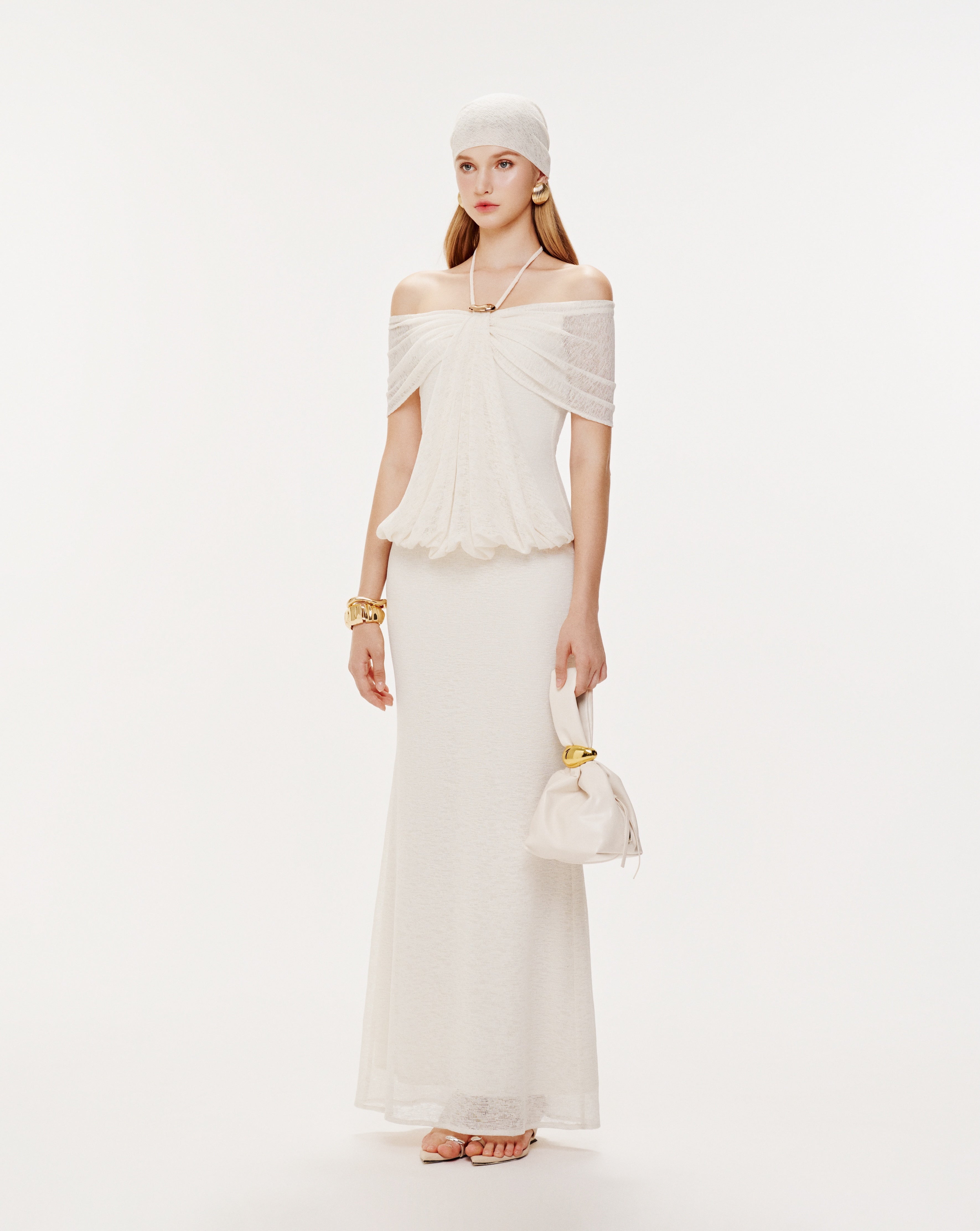 Stretch Mesh Off-Shoulder Midi Dress