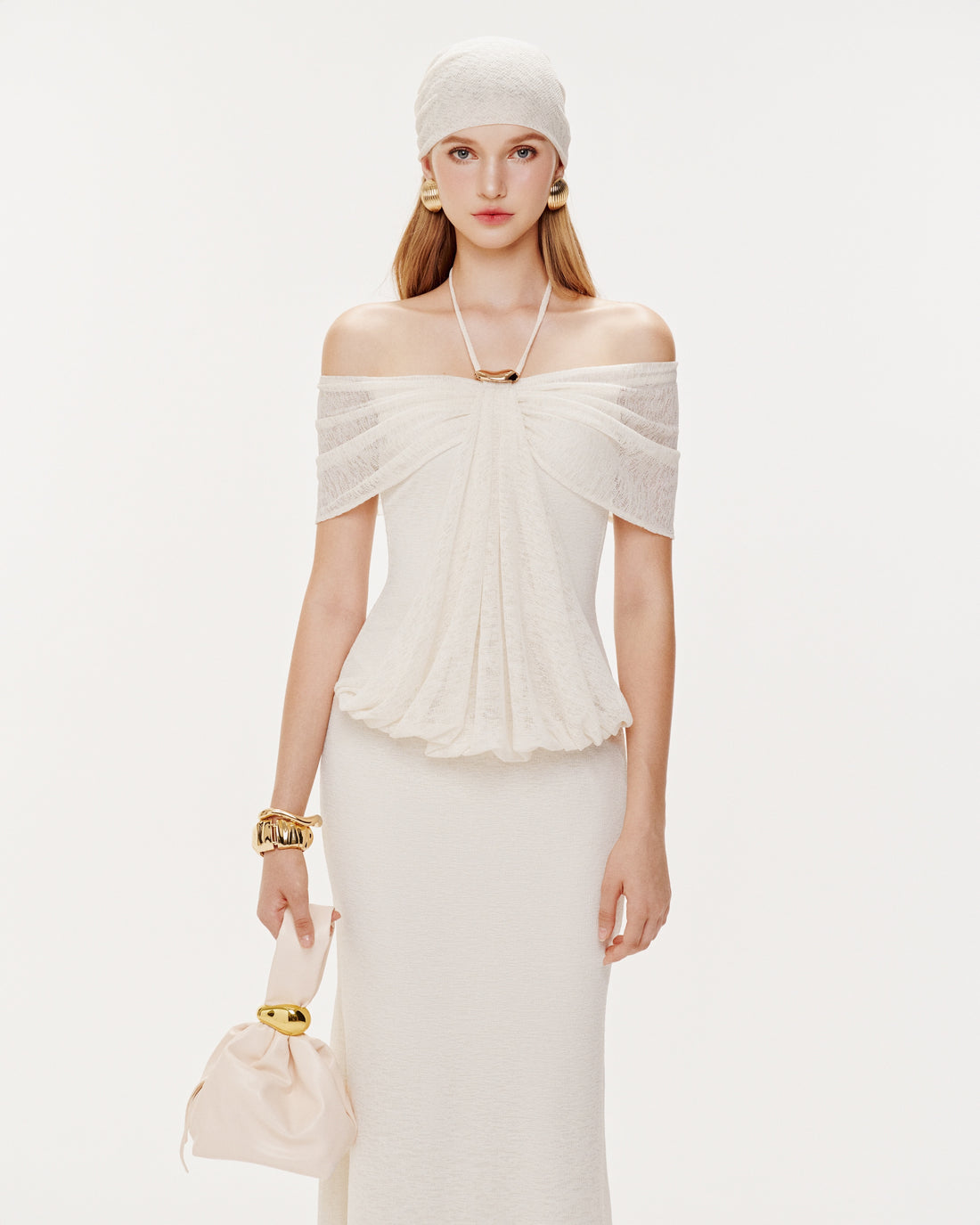 Stretch Mesh Off-Shoulder Midi Dress