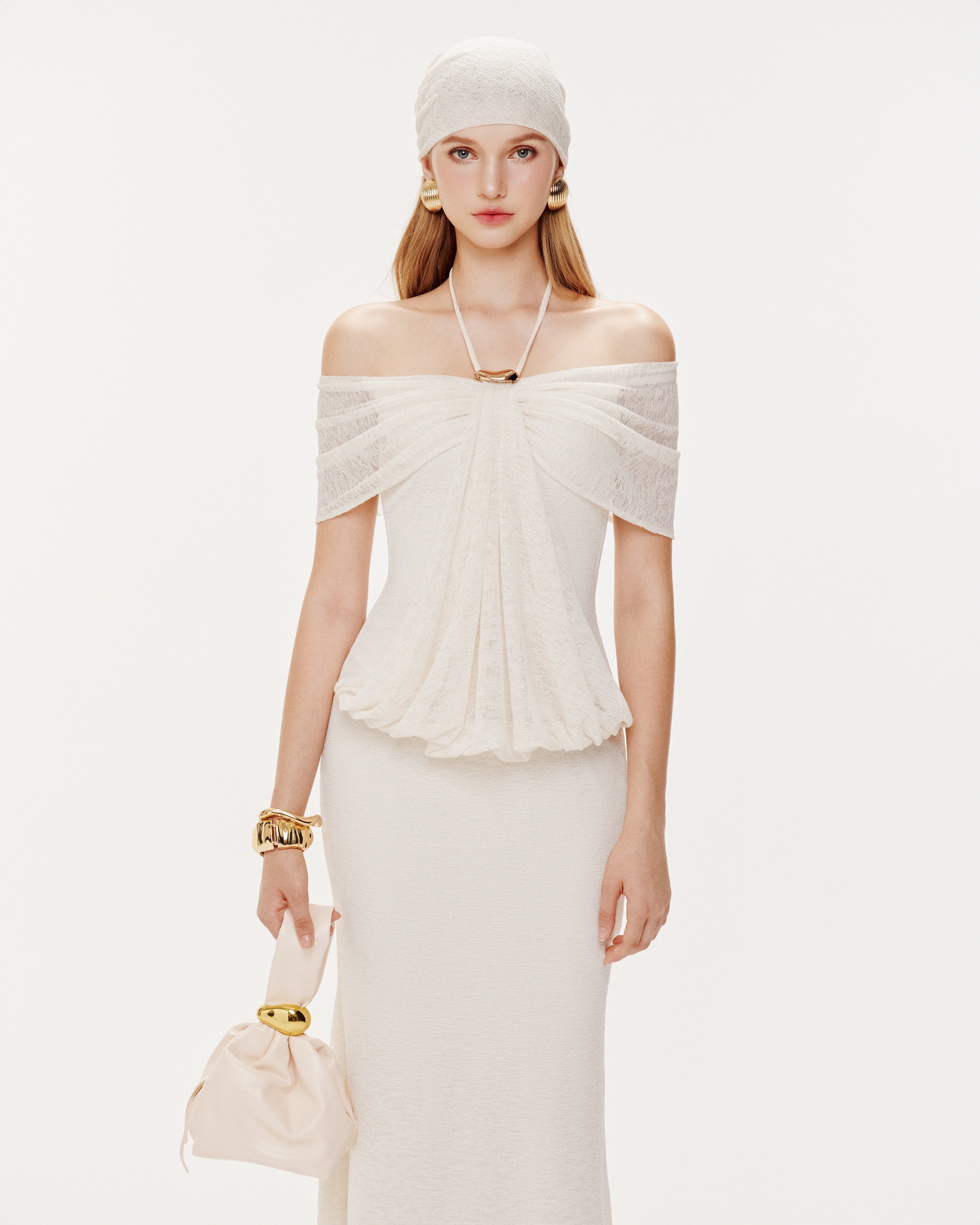 Stretch Mesh Off-Shoulder Midi Dress