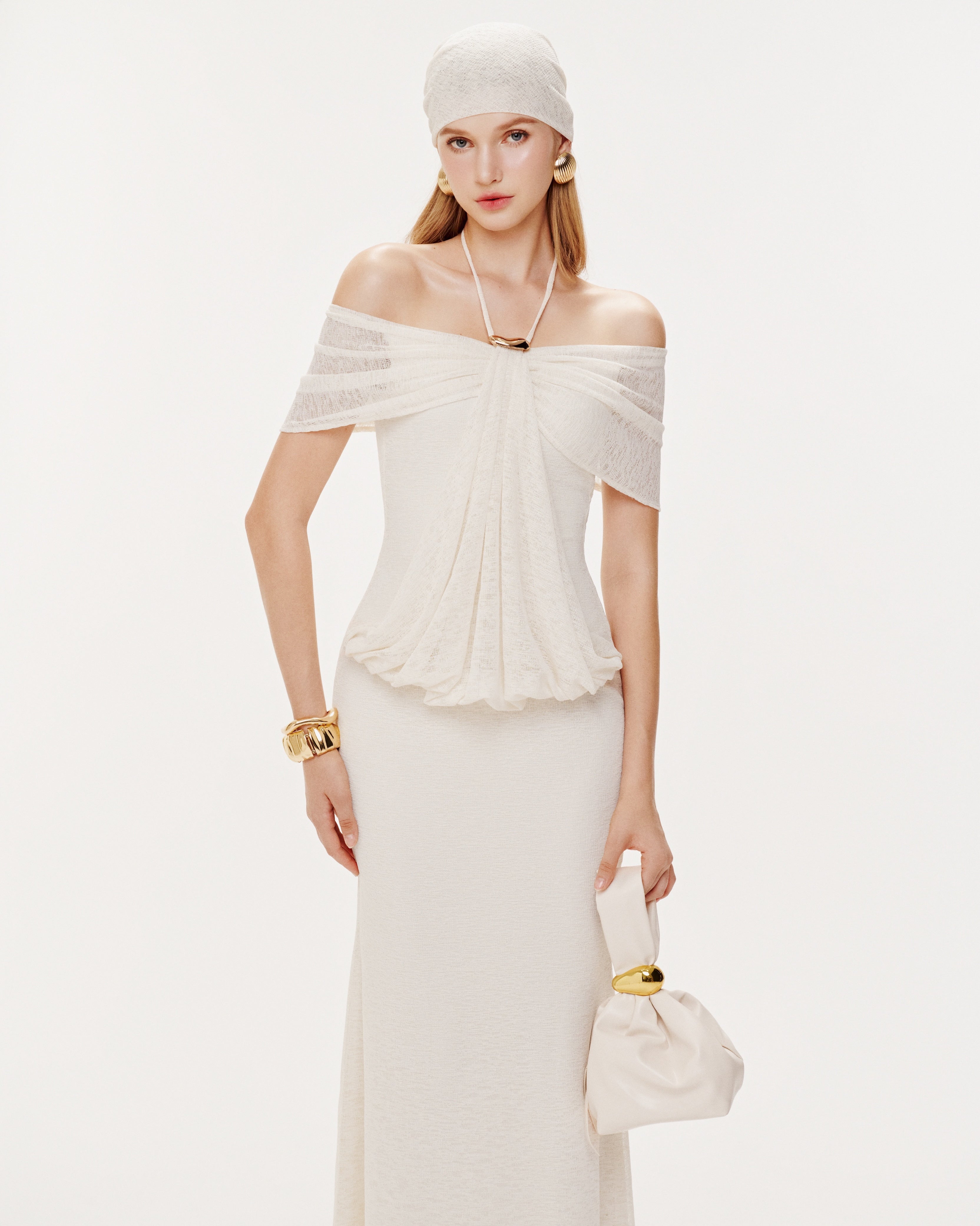 Stretch Mesh Off-Shoulder Midi Dress