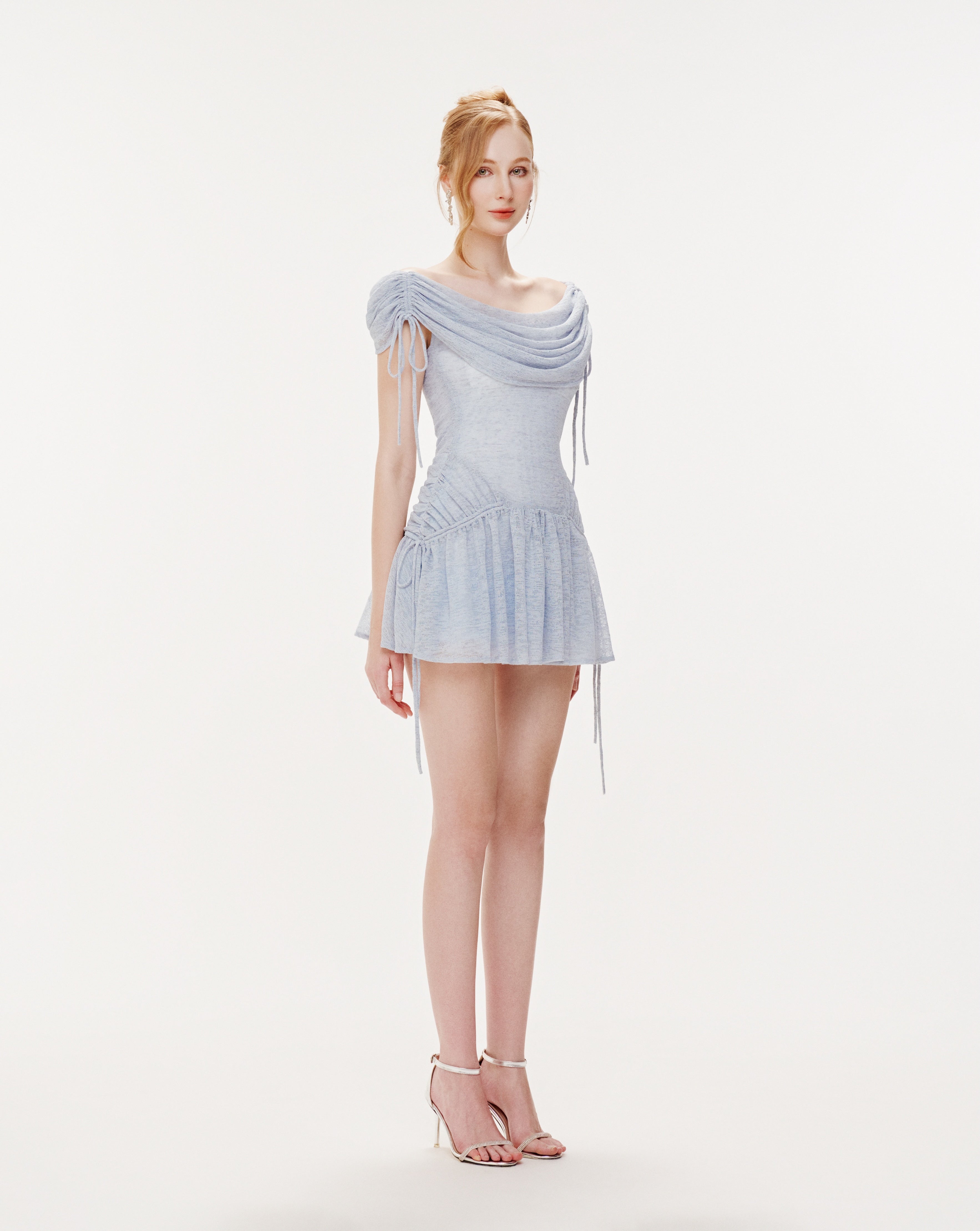 Blue Stretch Mesh Draped Shoulder Dress