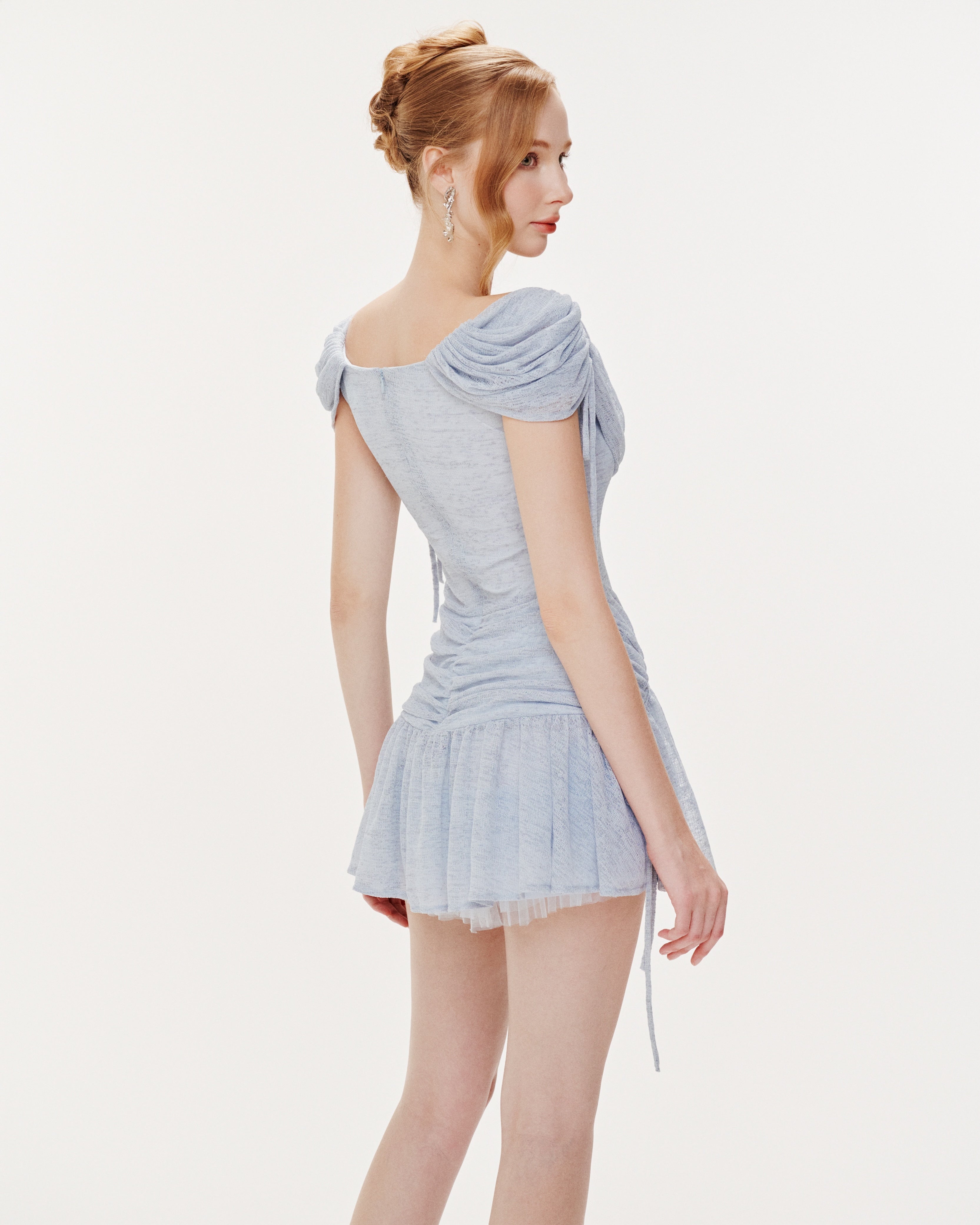 Blue Stretch Mesh Draped Shoulder Dress