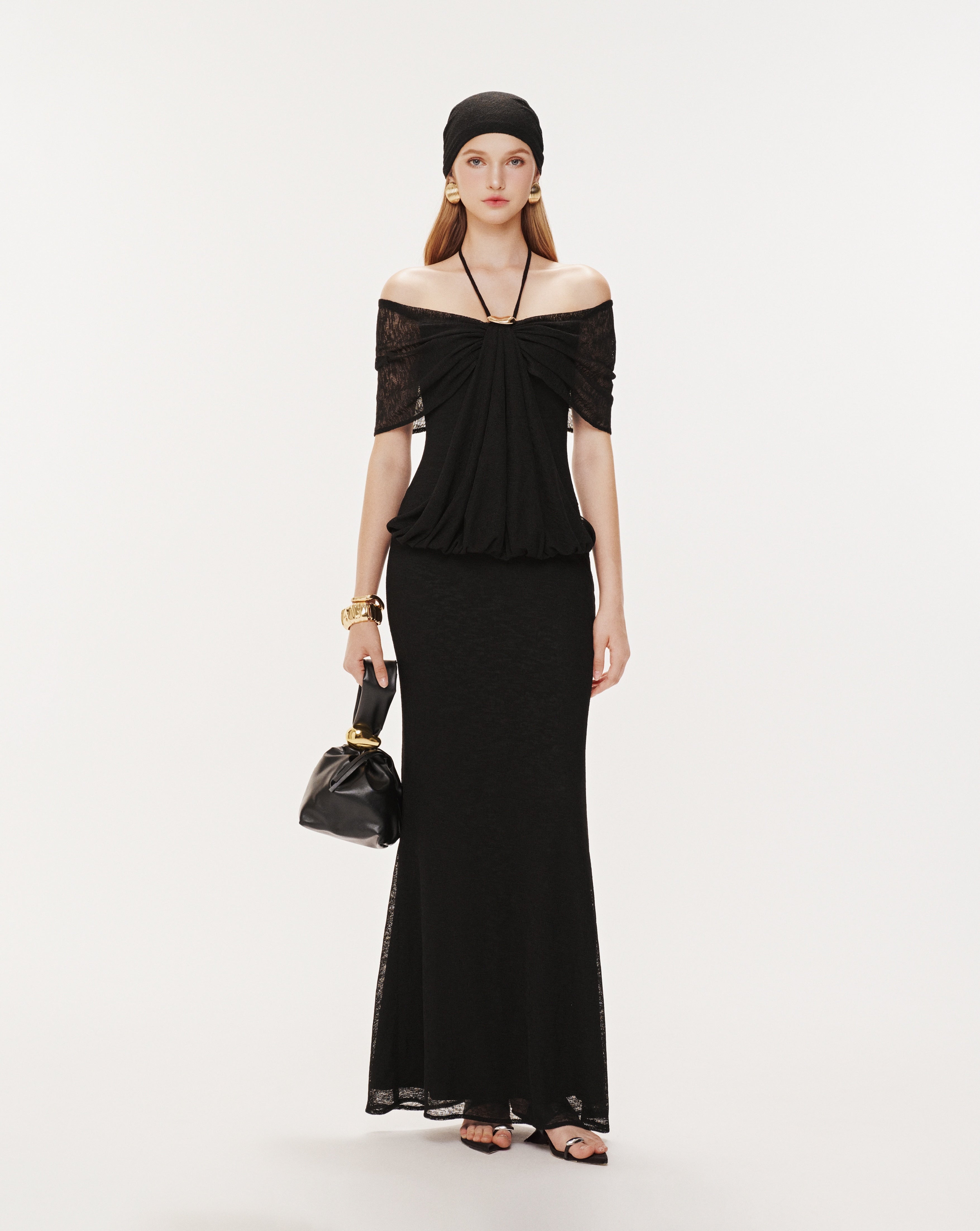 Stretch Mesh Off-Shoulder Midi Dress