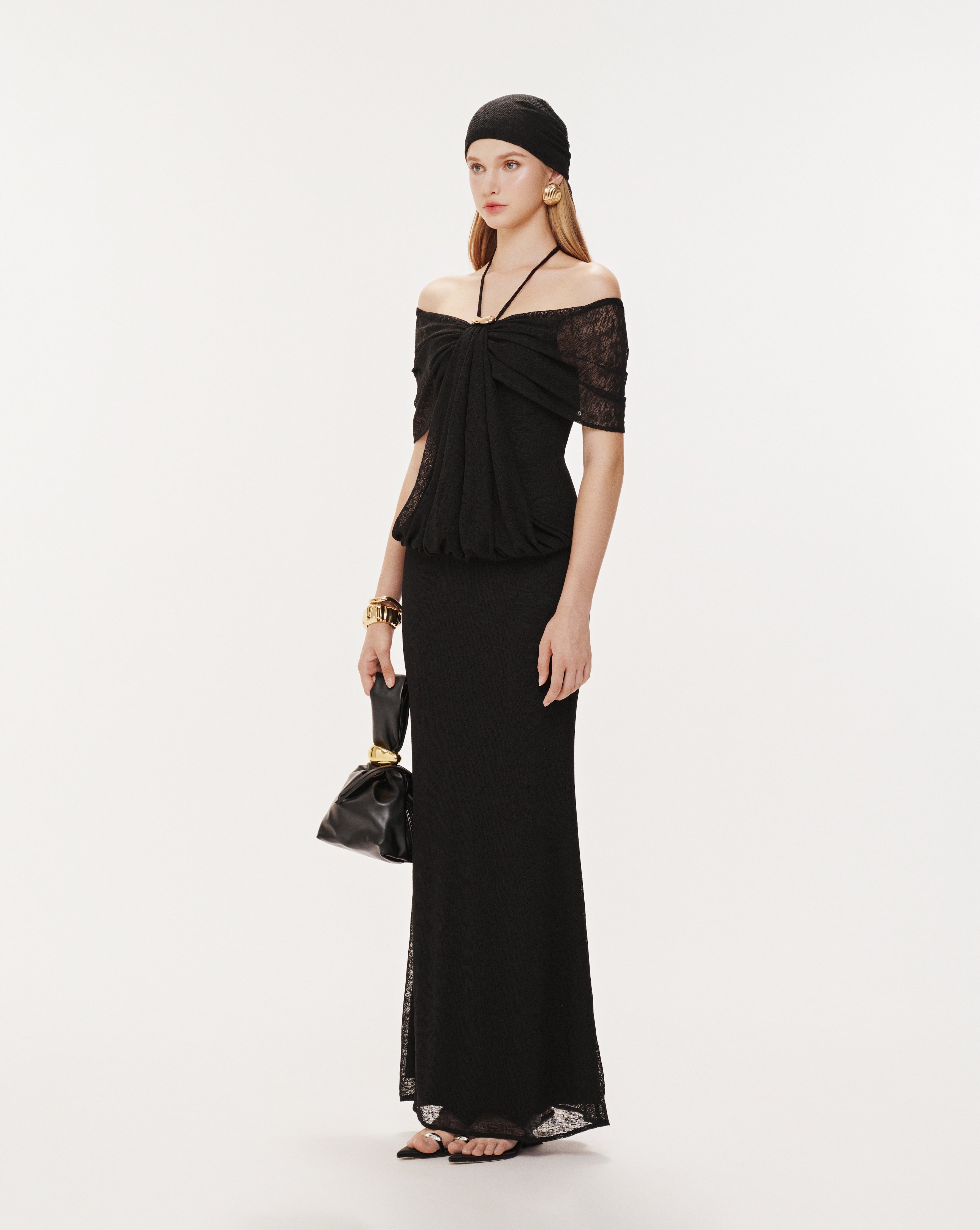 Stretch Mesh Off-Shoulder Midi Dress