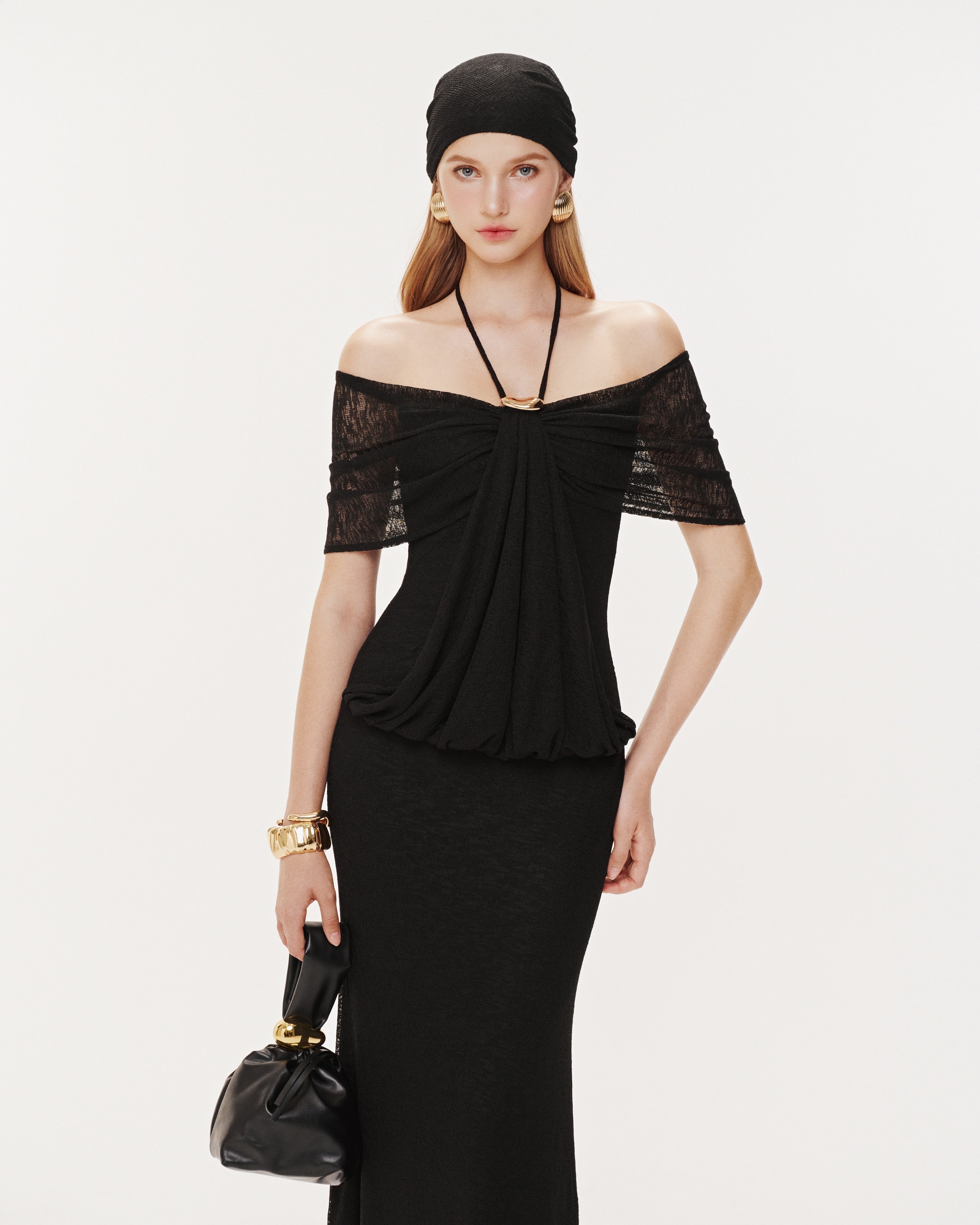 Stretch Mesh Off-Shoulder Midi Dress