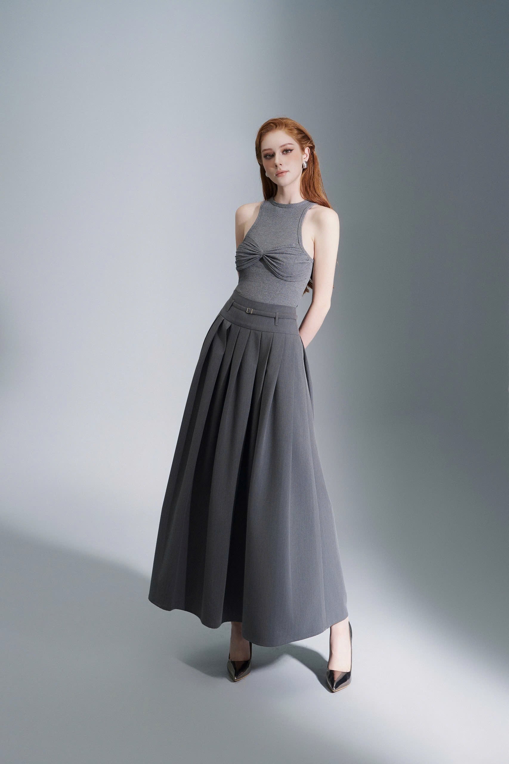 Long Pleated Skirt With Belt