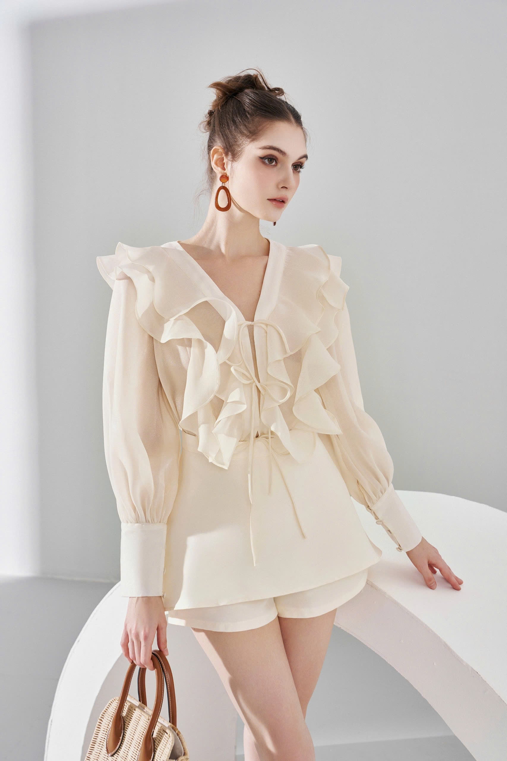 Long-Sleeved Ruffle Organza Blouse