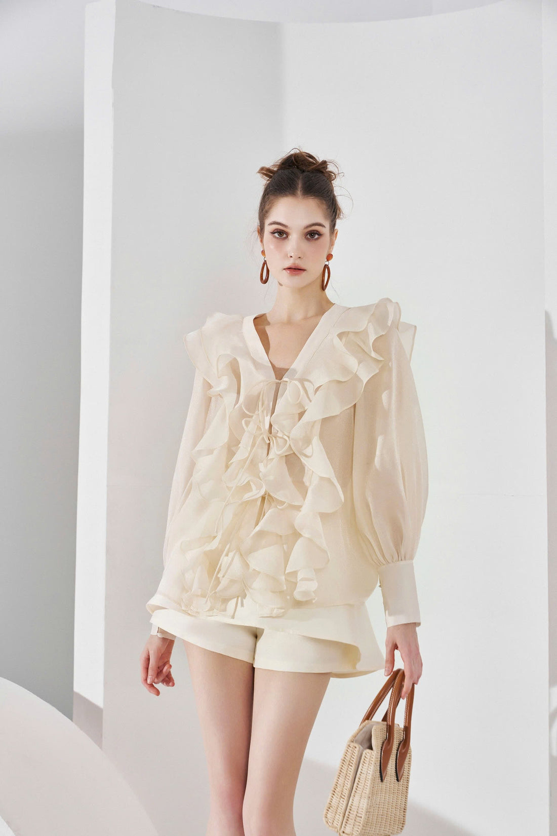 Long-Sleeved Ruffle Organza Blouse