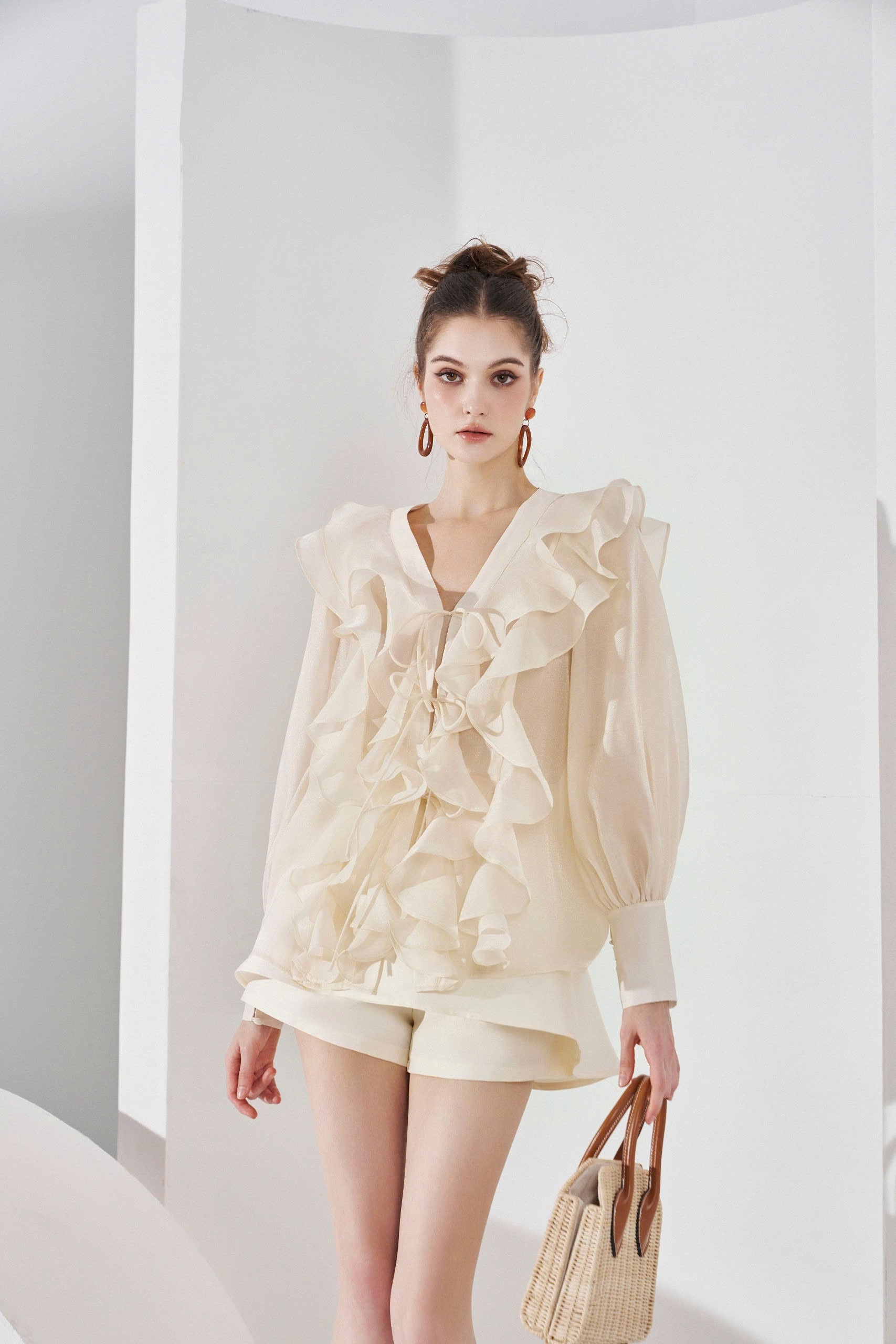 Long-Sleeved Ruffle Organza Blouse