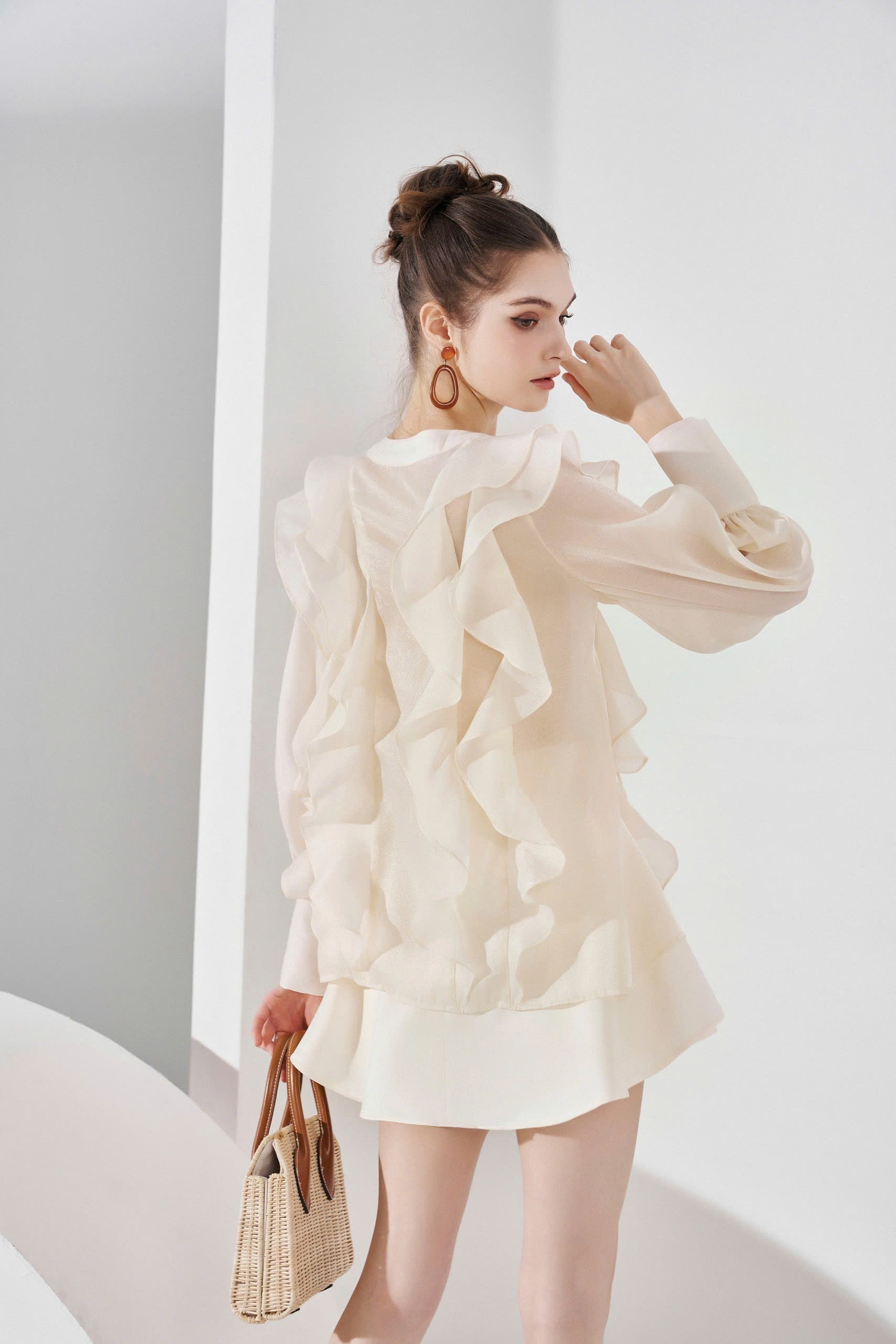 Long-Sleeved Ruffle Organza Blouse