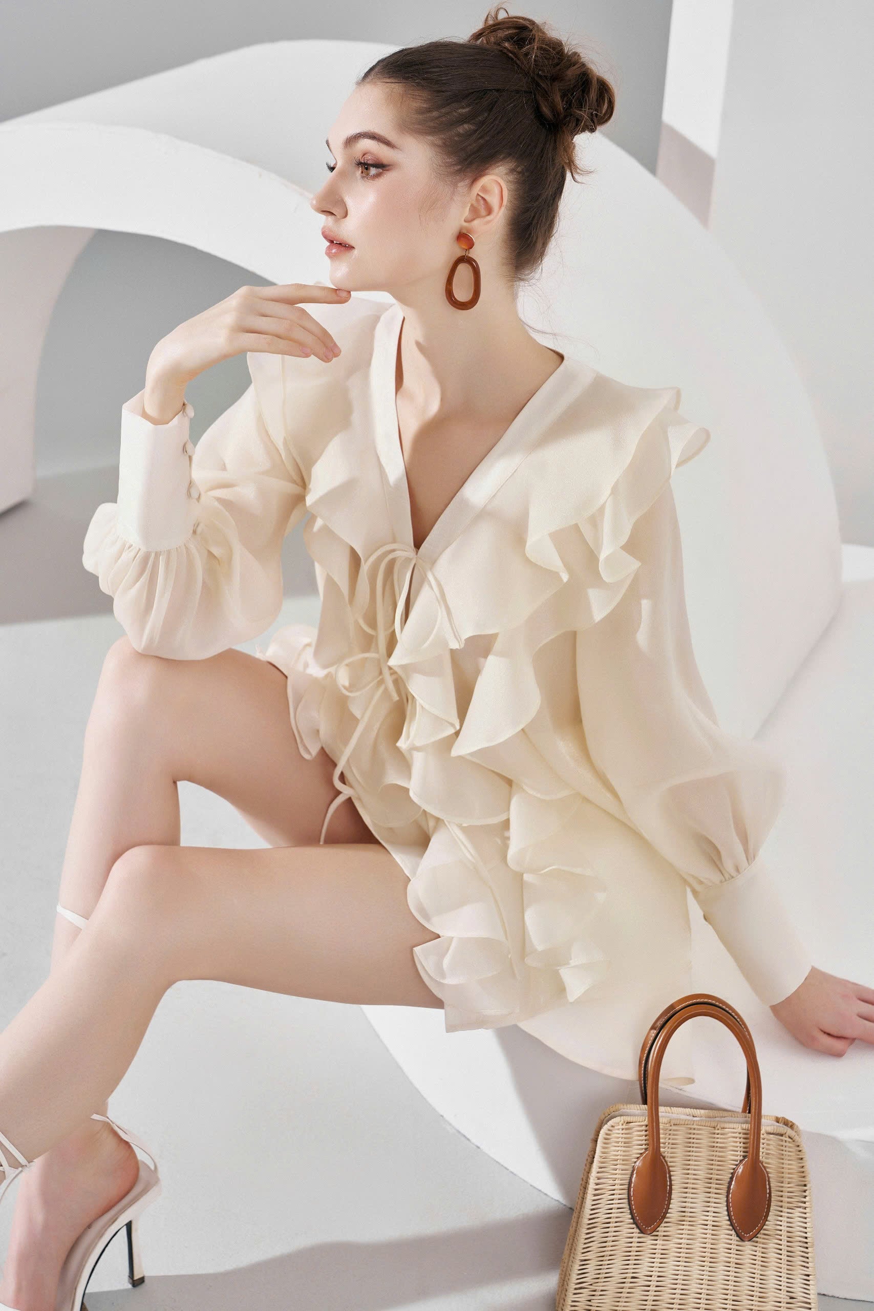 Long-Sleeved Ruffle Organza Blouse