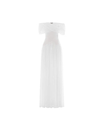 White Off-Shoulder Draped Flared Dress
